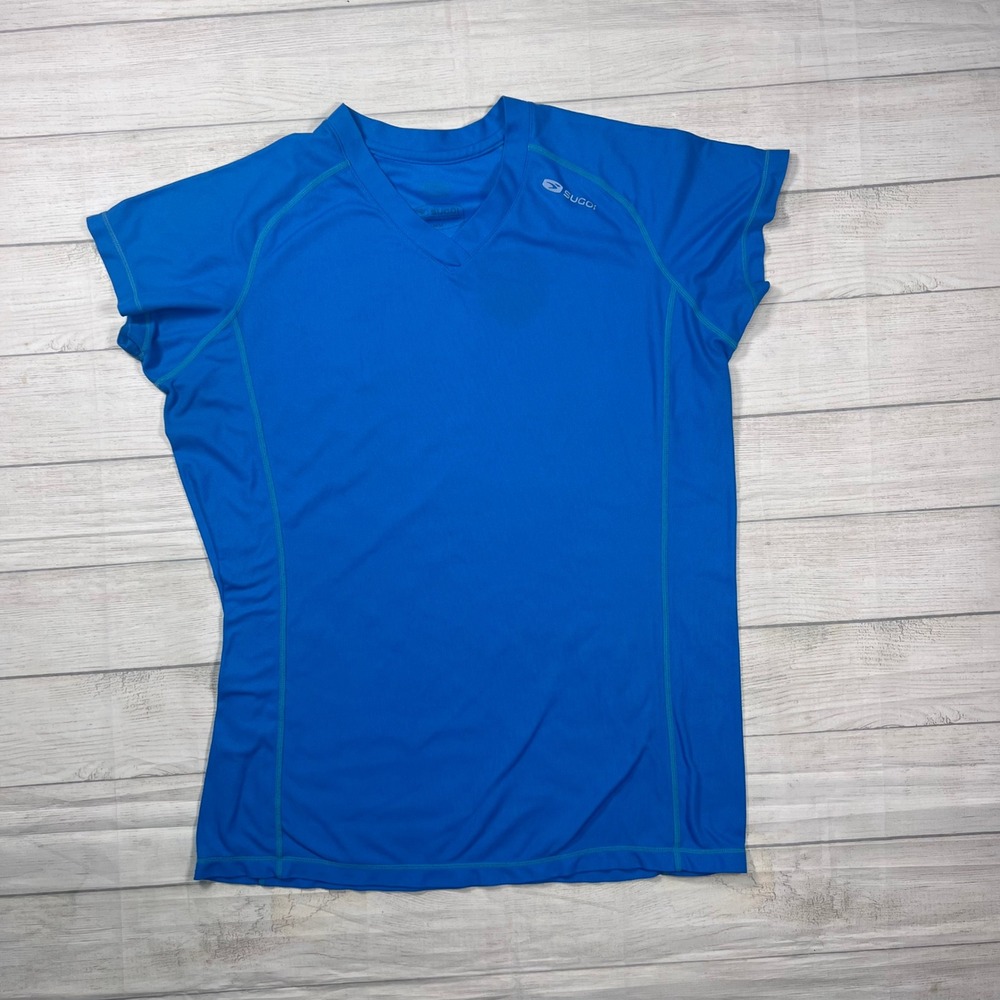 Sugoi Performance T-Shirt Women Size Medium Blue V-Neck Short Sleeve‎ Athletic